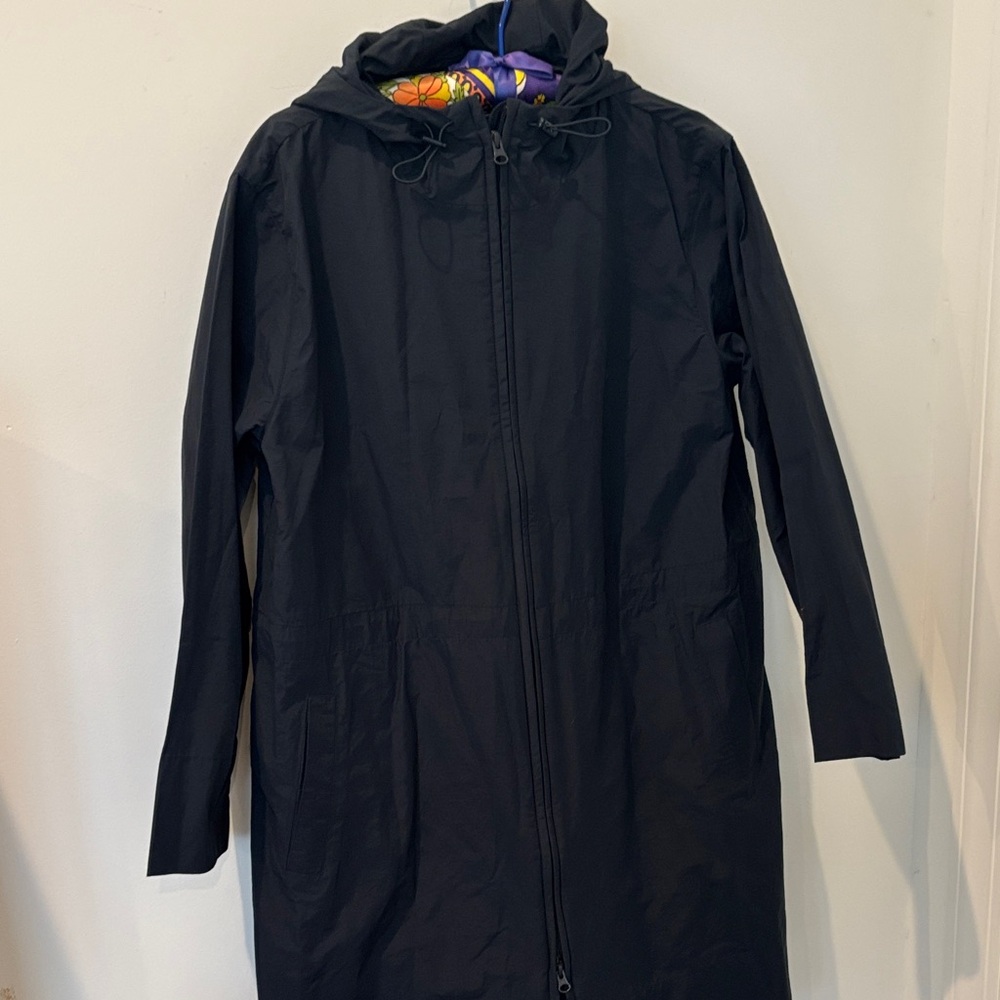 Eileen Fisher navy cotton/nylon jacket, hood, knee length, waist cinch, size M